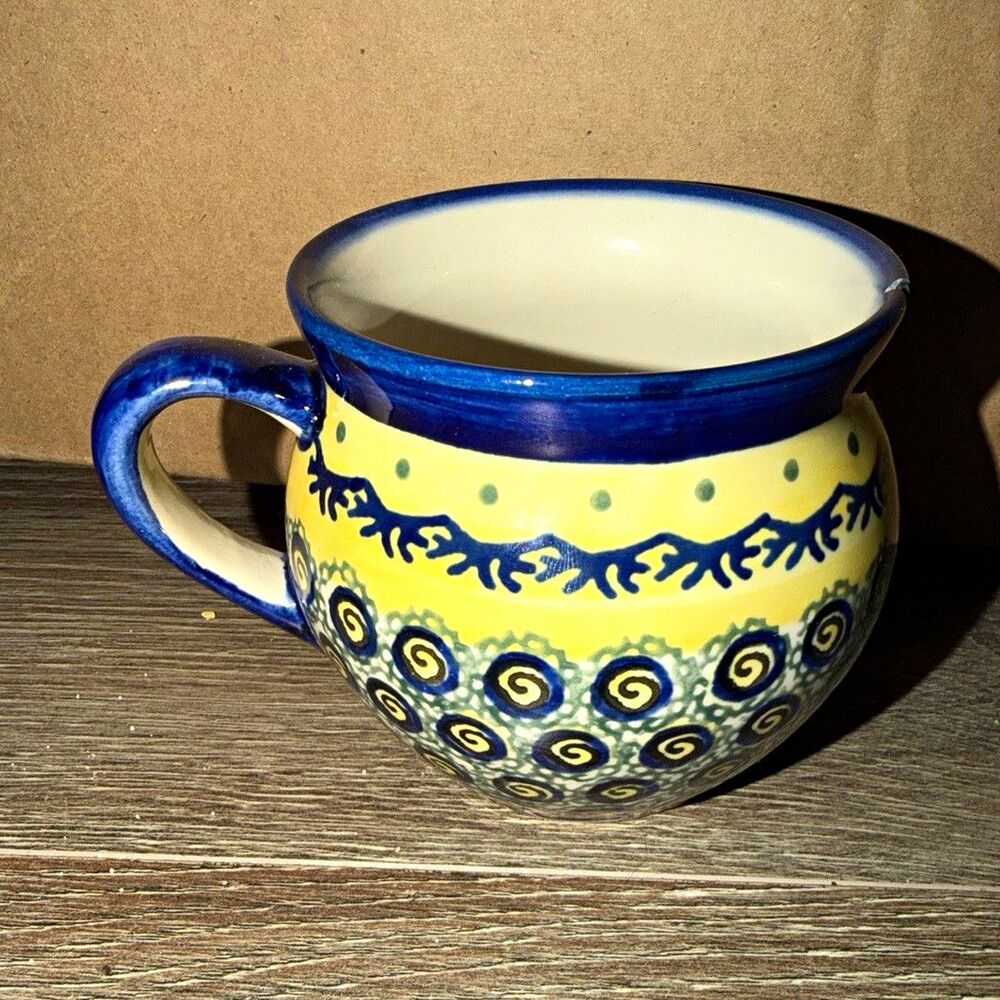 Boleslawiec Handmade Poland M8 Ceramic Mug Blue Yellow White Swirl Handle